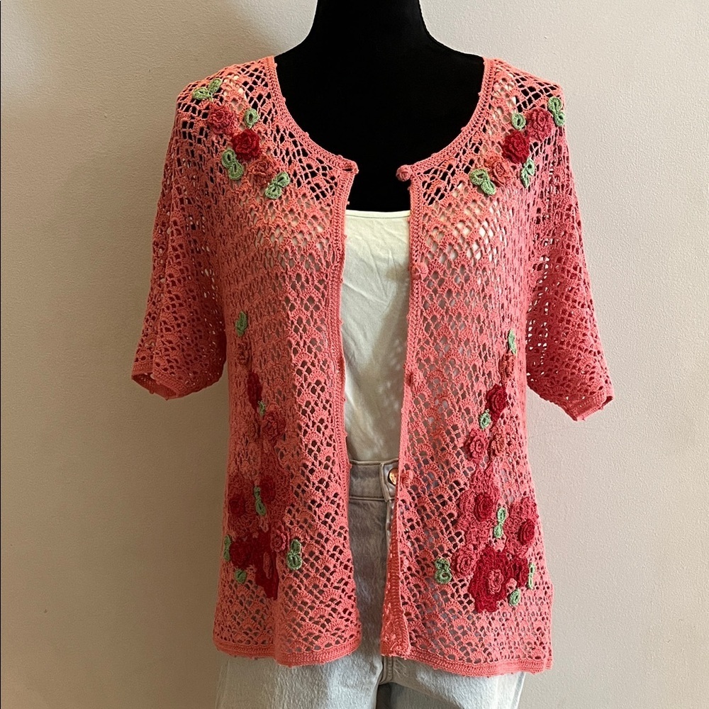 Vintage April Cornell Crochet Cardigan, pink floral, short sleeve, size L​​